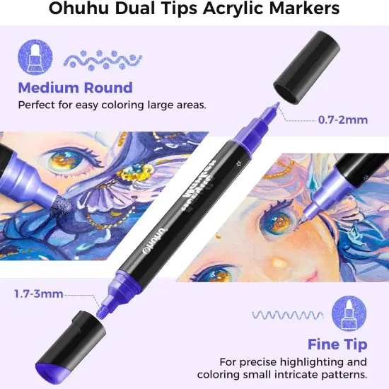 Ohuhu Acrylic Paint Markers 24 Metallic Colors 30 Pens: Dual Tips (Round & Fine) Acrylic Markers High Opacity Paint Pens Waterproof Lightfast for Rock Painting Eggs Wood Glass Ceramic - Kakaako {4}