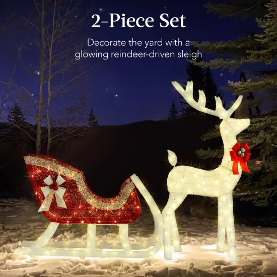 Best Choice Products Lighted Christmas 4ft Reindeer & Sleigh Outdoor Decor Set w/ 205 LED Lights, Stakes White - Large {2}