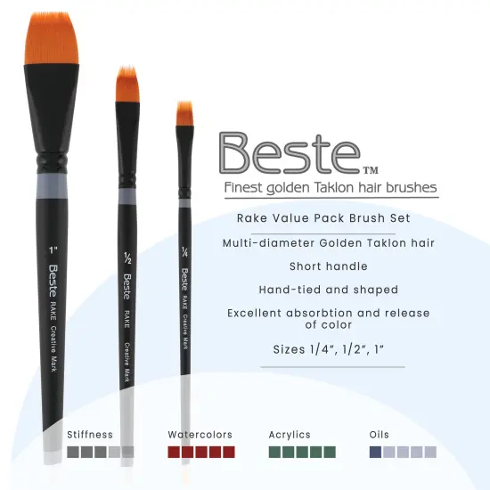 Creative Mark Beste Golden Taklon Brush Rake, Set of 3 Artist Paint Brush, Professional Watercolor Brushes, For Acrylic Painting, Short Handle, Sharp Edges, Hand-Tied & Shaped {3}