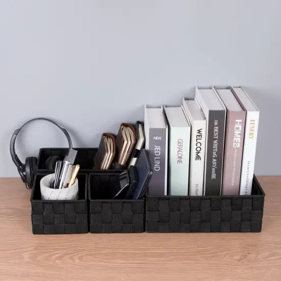 Summer Woven Storage Baskets for Organizing, Small Black Baskets Cube Bin Container Tote Organizer Divider for Drawer, Closet, Shelf, Dresser, Set of 4 {3}