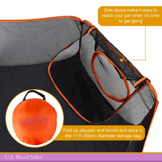 MiMu Dog Playpen - 4 Foot Cat Tent with Exercise Tunnel - Orange Pop Up Mesh Pen {4}