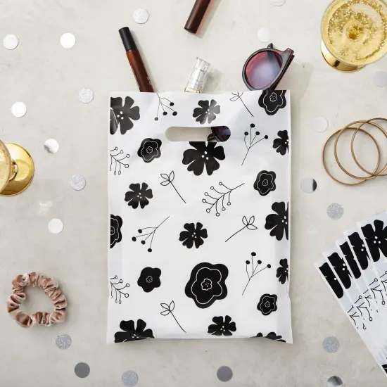 100 Pack 9x12 Small Merchandise Bags for Boutique, Black Flowers Shopping Bags with Handles for Retail {2}