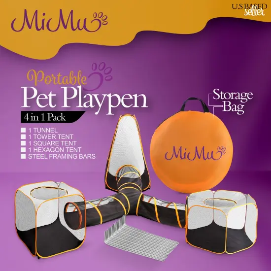 MiMu Dog Playpen Outdoor 4 in 1 Cat Tent with Exercise Tunnel - Pop Up Enclosure {3}