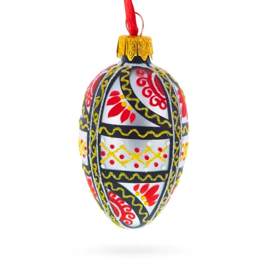 Ukrainian Geometric Red and Gold Mini Glass Egg Ornament 2.9 Inches {1}