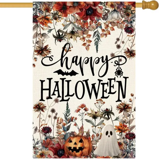 Floral Happy Halloween House Flag 28x40 Inch Double Sided Outside {2}
