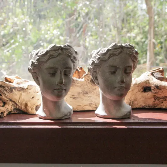 Set of 2 Weathered Gray Greek Lady Statue Wall Mount Cement Head Planter 6 Inch {5}