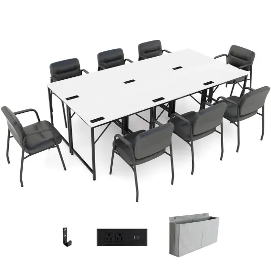 Costway 32" Meeting Room Desk Set of 2/4/6 with Charging Station & Headphone Hook Metal Frame White {9}