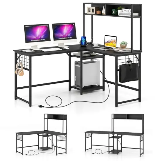 Costway L-shaped Desk with Power Outlet Large Corner Desk Converts to 2-Person Long Desk Rustic Brown/Black {8}