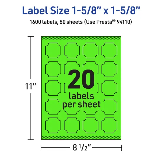 Avery Neon Green Paper Labels, 1-5/8" x 1-5/8" Square Scalloped {5}