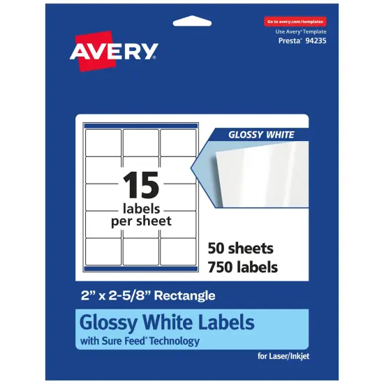 Avery Glossy White Rectangle Labels with Sure Feed, 2" x 2-5/8" {1}