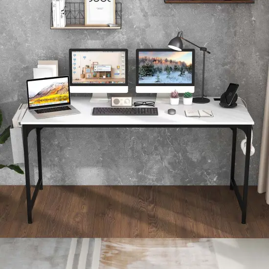 Costway 60" Modern Computer Desk with Charging Station with Storage Bag & Headphone Hook White {2}