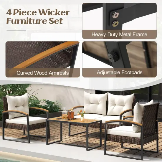 Costway 4 PCS Patio Conversation Set with Coffee Table Solid Acacia Wood Armrests Tabletop {6}