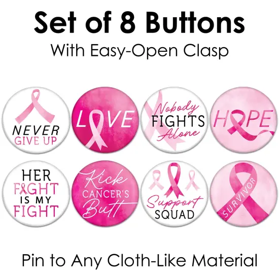 Big Dot of Happiness Pink Ribbon Buttons - Breast Cancer Awareness Support Badge - 3 inch Pinback Button - Set of 8 {6}