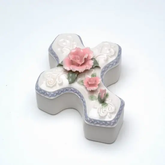 Ceramic Cross Shaped Jewelry Box with Pink Rose Flower, Vanity Decor, Religious Decor or Gift {3}