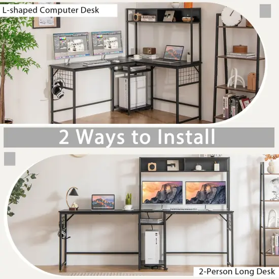 Costway L-shaped Desk with Power Outlet Large Corner Desk Converts to 2-Person Long Desk Rustic Brown/Black {6}