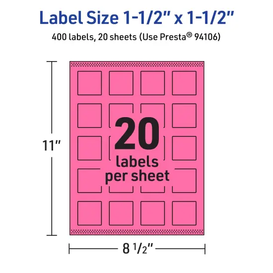 Avery Bright Pink Paper Labels, 1.5" x 1.5" Square {5}