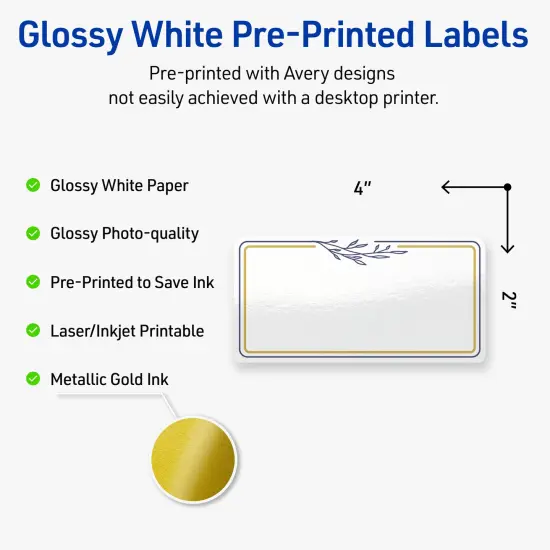 Avery Printable Rectangle Labels, Gold & Navy Border with Florals, 2" x 4", Glossy White Rectangle Labels, Permanent, Laser/Inkjet, 100ct, Great for Product Labels {2}