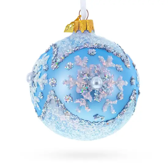 Sparkling Blue Snowflake and Pearl Glass Ball Ornament 3.25 Inches {4}