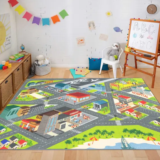 KC Cubs: Educational Rug: City Streets Road Map - 8x10' Playmat - Interactive Toy Car Route, Activity Area Carpet, Bedroom-Classroom, Baby-Toddler-Kid {6}