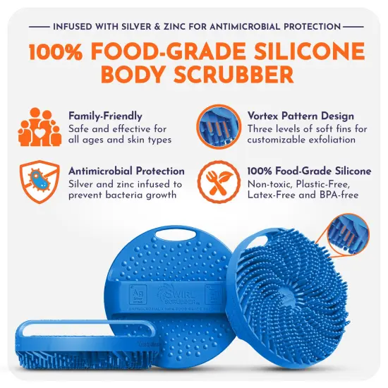 Swirl Scrubber: Antimicrobial Silicone Body Scrubber - Blue - Shower Hanger & Sticker, Lymphatic Support, Deep Exfoliation-Cleansing, Family Hygiene {6}