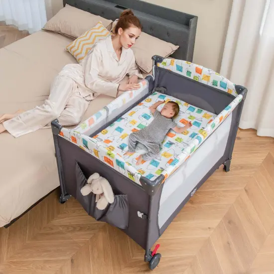 Honeyjoy 5-in-1 Baby Crib with Adjustable Height Soft Mattress Portable Pack Play with Music Black/Grey {2}
