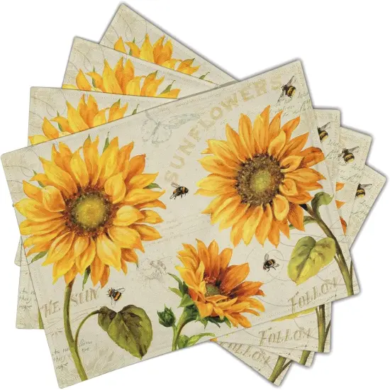 Summer Vintage Sunflower Placemats Set of 4 - Yellow Grunge Flower Farmhouse Tablemats Linen Fabric, Heat-Resistant Washable Stain Proof Place Mats for Dining Table Decoration {2}