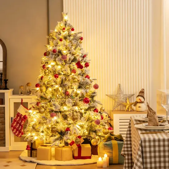 Costway 6/7 FT Pre-Lit Flocked Christmas Tree Hinged Xmas Decoration with 250/300 LED Lights {3}