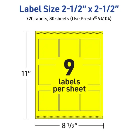 Avery Neon Yellow Paper Labels, 2.5" x 2.5" Square {5}
