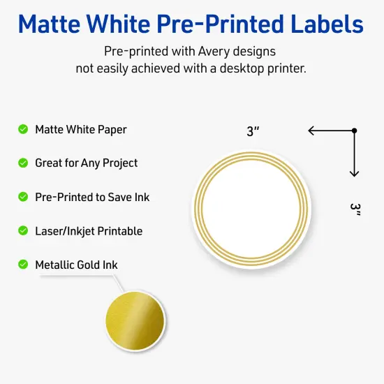 Avery Printable Round Labels, Gold Multi-Lined Border, 3" Diameter, Matte White Round Labels, Permanent, Laser/Inkjet, 60ct, Great for Product Labels {2}