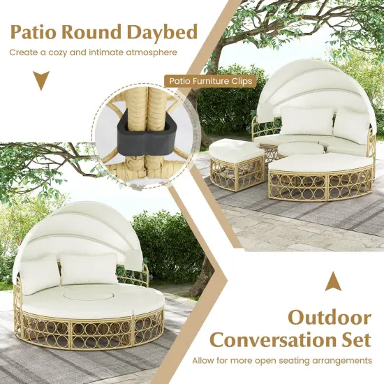 Costway Outdoor Patio Round Daybed with Retractable Canopy Soft Cushions for Garden White {6}