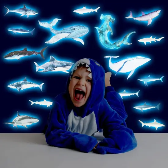 18 Pieces Sharks Peel Shark Wall Decals Removable Wall Stickers Animal Shark Decal Stickers Sea Theme Wall Decor Sticker for Room Bathroom Nursery Home Decor (Glow in the Dark) {4}