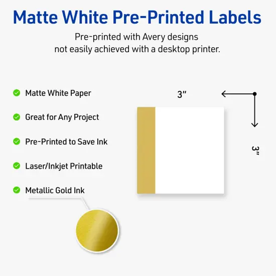 Avery Printable Square Labels, Gold-Dipped Edge, 3" x 3", Matte White Square Labels, Permanent, Laser/Inkjet, 60ct, Great for Product Labels {2}