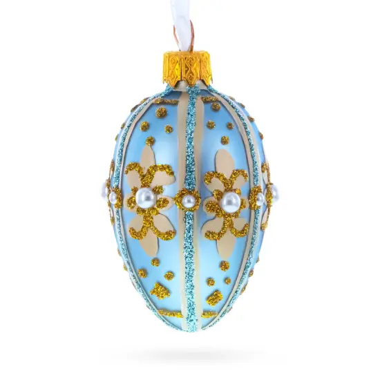 Powder Blue with Gold Glitter and Pearl Accents Mini Glass Egg Ornament 2.9 Inches {3}
