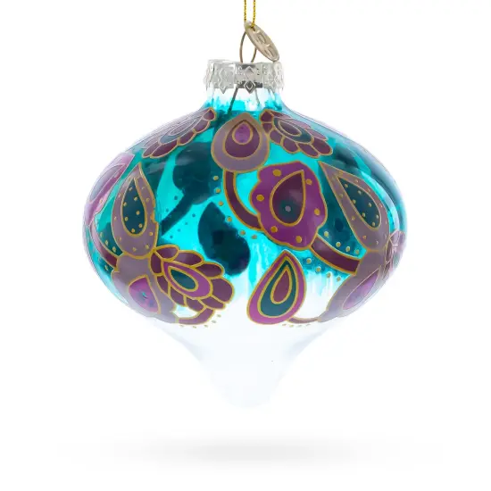 Teal Paisley Onion Shape Finial Glass Christmas Ornament {3}