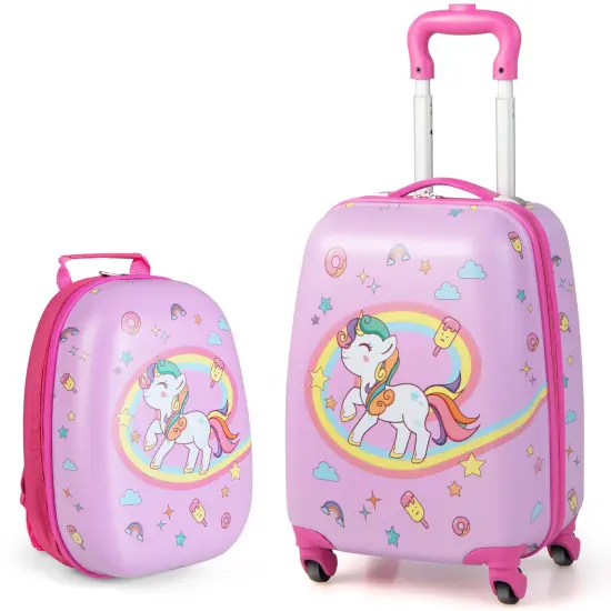 Costway 2PC Kids Carry On Luggage Set 12" Backpack and 16" Rolling Suitcase for Travel {7}