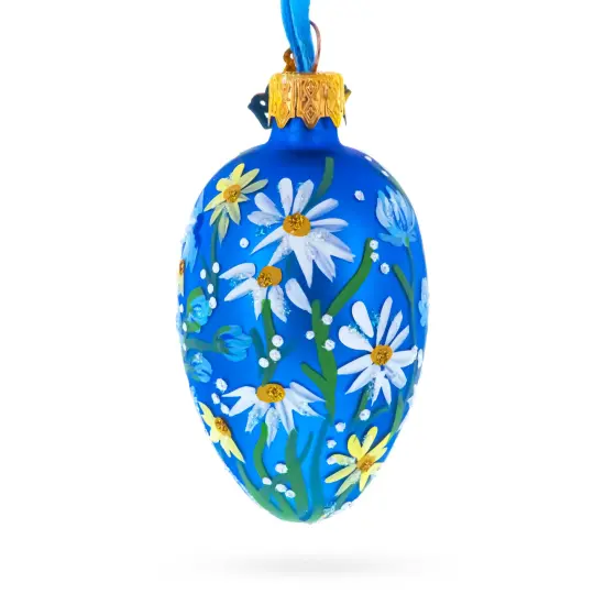 Cobalt Blue with White Daisy Floral Mini Glass Egg Ornament 2.9 Inches {4}