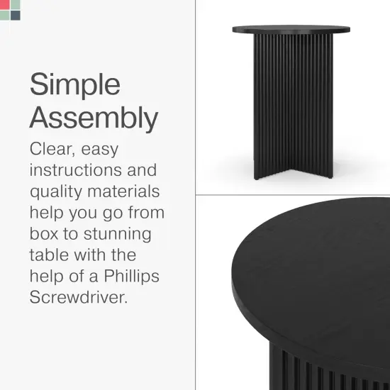 Round Fluted Accent Table - Pedestal Drink Desk - Modern Home, Bedroom, and Living Room Furniture - Small Round End Table with Solid Wood X-Base and Wood Veneer Top (Blackened Oak) {7}