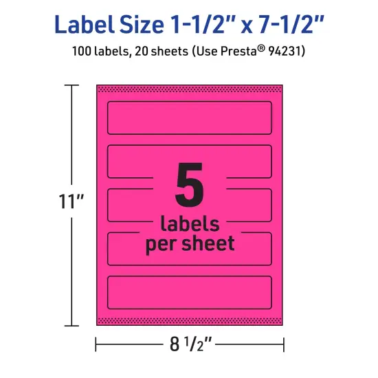 Avery Neon Magenta Paper Labels, 1.5" x 7.5" Rectangle {5}