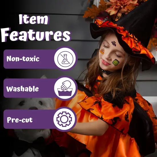 4E's Novelty 144 Pack Halloween Temporary Tattoos for Kids &ndash; 2" Waterproof Non-Toxic Tattoos Bulk, 6 Cute Spooky Designs, Individually Wrapped Party Favors, Trick or Treat Goodie Bag Fillers {2}