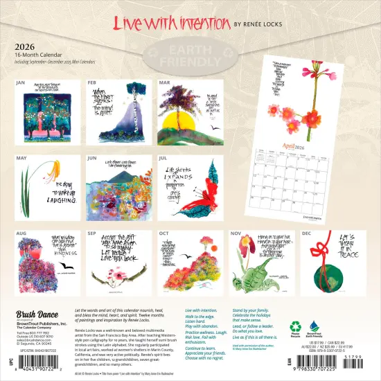 Live with Intention | 2026 12 x 24 Inch (Hanging) Monthly Square Wall Calendar | Featuring the Artwork of Renee Locks | Plastic-Free {2}