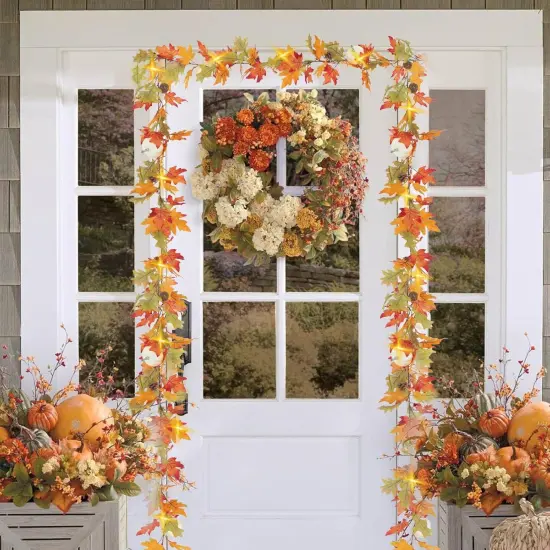 6FT Lighted Maple Leaves with Pine Cone and Pumpkin Fall Garland - 1 PACK {2}