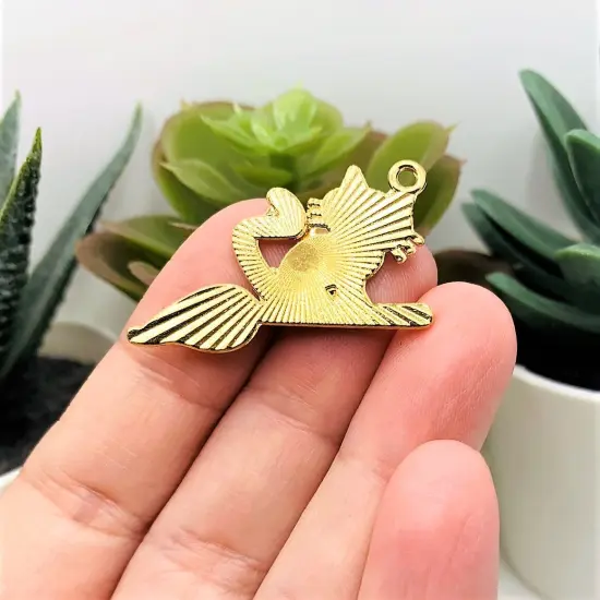 Black Enamel Witch Cat on Broom Charm, 21x34mm {3}