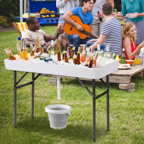 Costway 4 Foot Party Ice Cooler Folding Table Plastic with Matching Skirt Black/White {2}