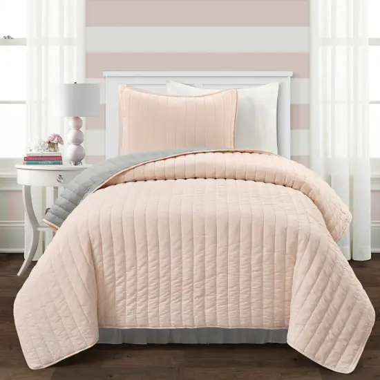 Soft Reversible Lightweight Quilt Set in Rose Blush Pink and Grey {5}