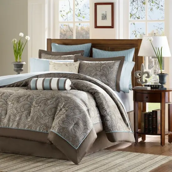 California King 12 Piece Reversible Cotton Comforter Set Hypoallergenic Bed In A Bag Brown and Blue {3}