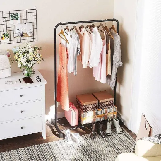 Black Steel Rolling Garment Rack with Mesh Shelf and Lockable Wheels for Clothes Storage and Organization {3}