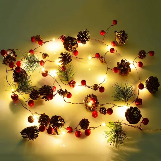 6.7FT Christmas Garland with Lights, 20 LED Red Berry Pine Cone Garland Lights Battery Operated {6}
