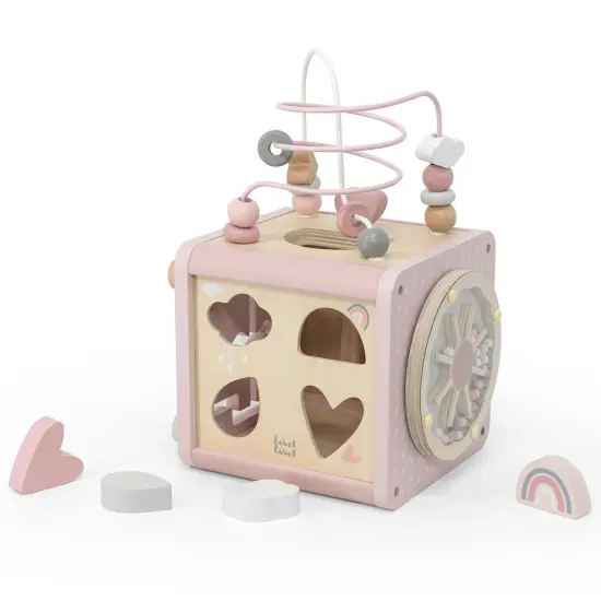 Label Label: 5-in-1 Activity Cube - Pink - Wooden Toy, Shape Sorter, Cog Wheels, Track Maze, Xylophone, Bead Labyrinth, Baby & Toddlers Ages 1+ {1}