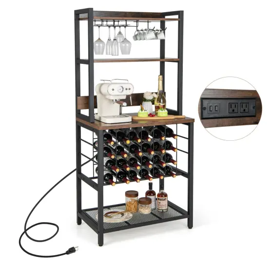 Brown Multi-functional Wine Bar Rack with 4 Tier Storage Shelves and Power Outlets {4}