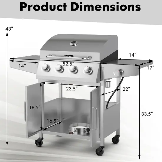 4-Burner Propane Gas Grill with Side Burner &ndash; 50,000 BTU Stainless Steel BBQ Grill {5}